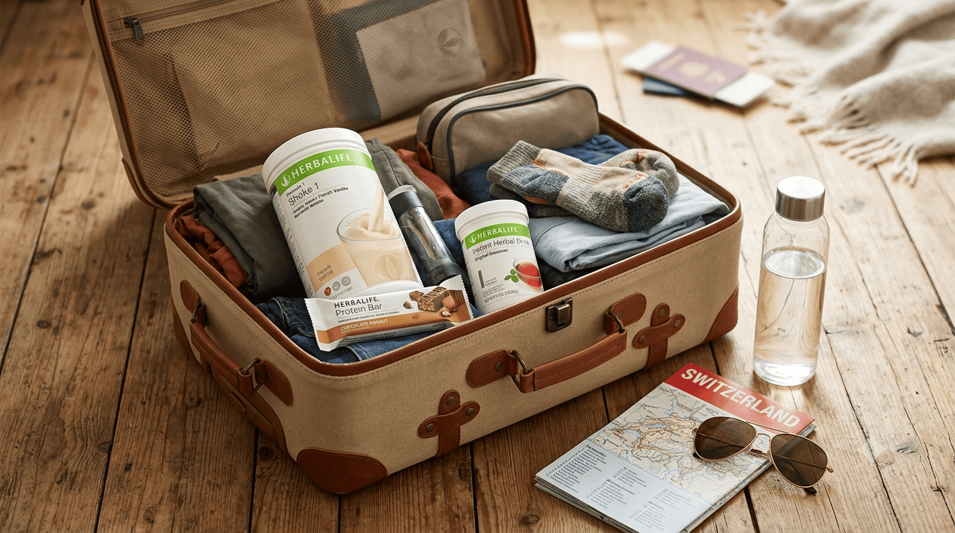Reisekoffer mit Herbalife-Produkten: Formula 1 Shake, Protein Bar und Instant-Kräutergetränk, daneben eine Trinkflasche und eine Landkarte der Schweiz